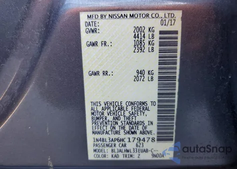 2017 Nissan Altima 3.5Sl from USA, damaged, VIN 1N4BL3AP6HC179478